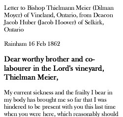 Jacob Hoover's Letter to Bishop Thielmann Meier (Dilman Moyer), 1862